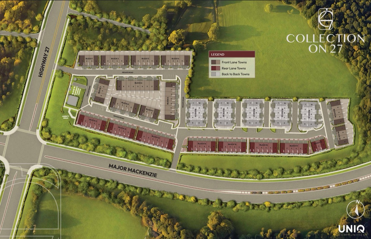 Collection on 27 full community site plan showing front lane rear lane and back-to-back townhome lots in Kleinburg Vaughan